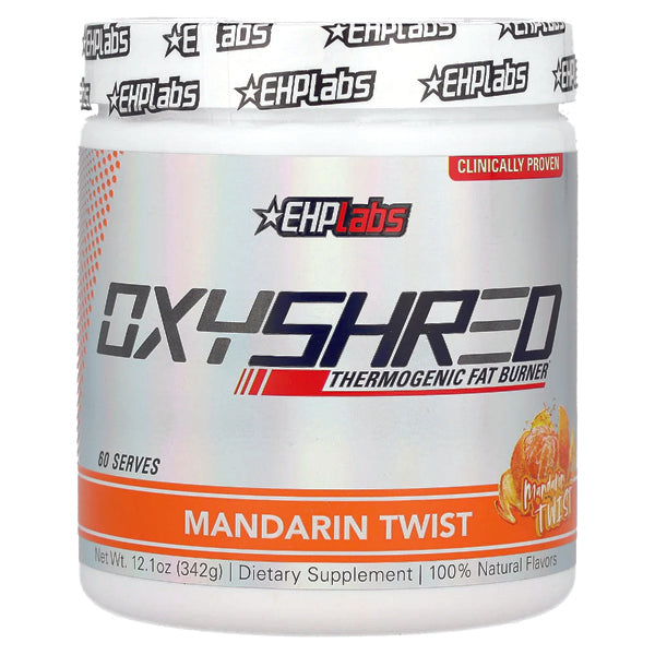 Close-up of the OxyShred product label emphasizing its fat-burning properties and appetite suppression.