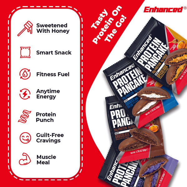 Enhanced Labs Protein Pancake Cookies displayed in a gym setting, highlighting their convenience for workouts.