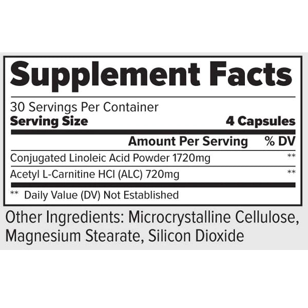 Nutrition label highlighting the powerful blend of Acetyl L-Carnitine and Conjugated Linoleic Acid in the fat burner capsules.