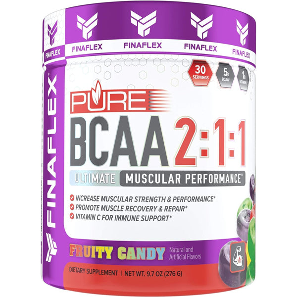 Close-up of Finaflex BCAA 2:1:1 powder with vitamin C and label highlighting amino acids for muscle growth