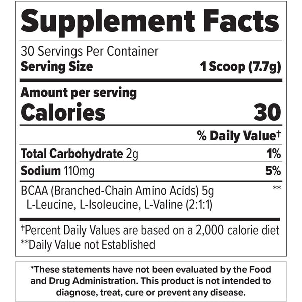 Close-up of Finaflex BCAA 2:1:1 powder with vitamin C and label highlighting amino acids for muscle growth