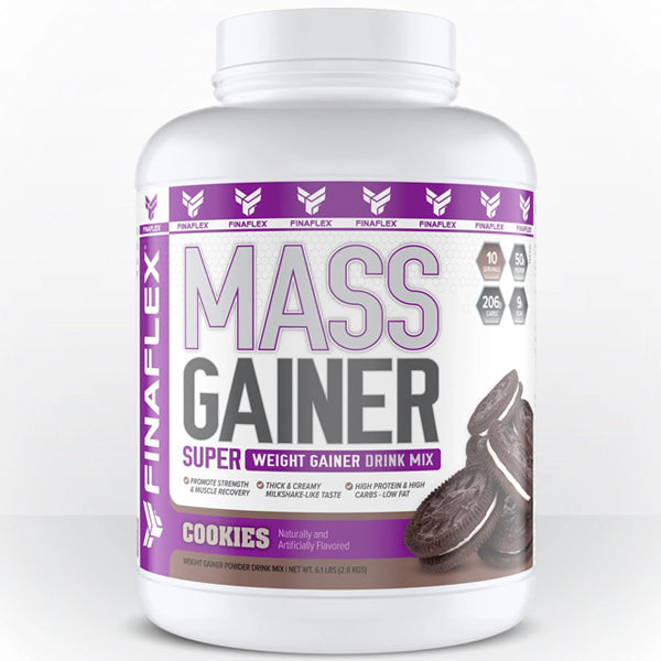 Finaflex Mass Gainer powder scoop next to a glass of milkshake-style shake