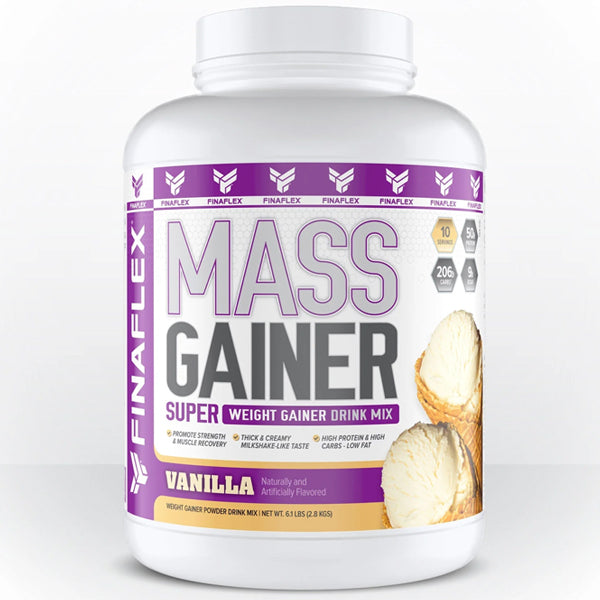 Athlete drinking a high-calorie muscle gain powder shake after workout