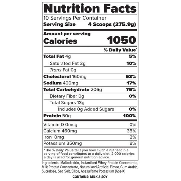 Close-up of Finaflex Mass Gainer packaging highlighting high calorie content