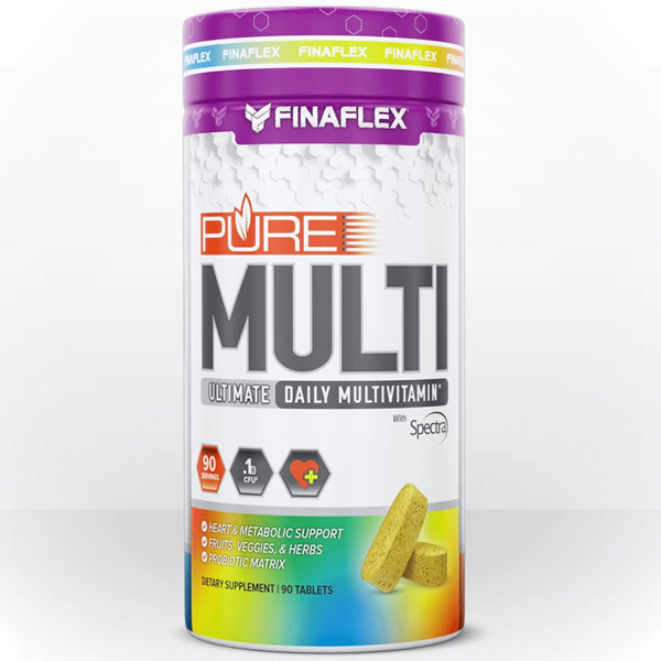 Front view of PureVital+ multivitamin bottle featuring probiotic supplements for men and women