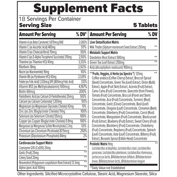PureVital+ tablets shown next to fresh fruits and veggies emphasizing its plant-based blend