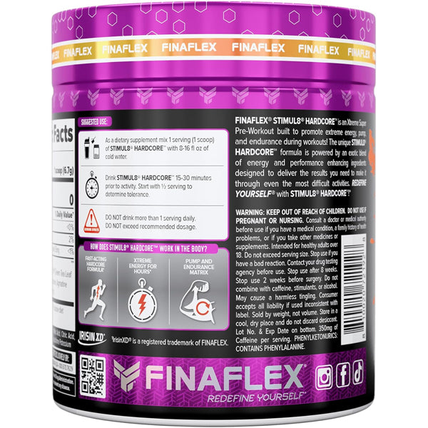 Close-up of Finaflex Stimul8 Hardcore powder emphasizing muscle pump ingredients for performance enhancement