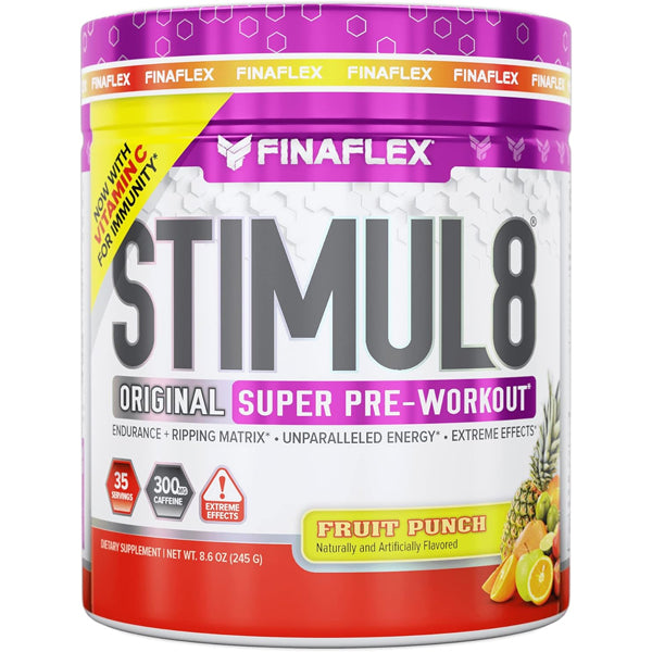 Finaflex Stimul8 Ultimate Energy Pre-Workout in a shaker bottle, showcasing its vibrant color and texture.
