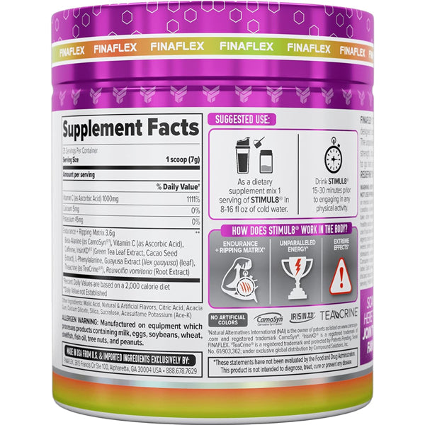 A close-up of Finaflex Stimul8 packaging highlighting its key ingredients and benefits for energy during workouts.