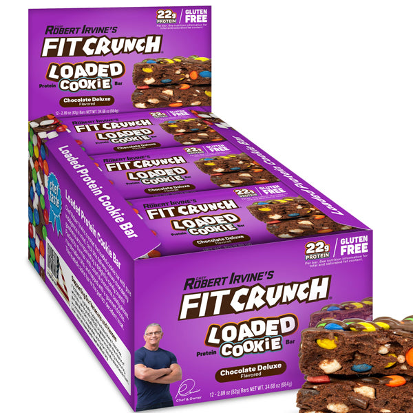 Close-up of Fit Crunch Loaded Cookie Bar revealing cookie mix-ins and creamy texture.