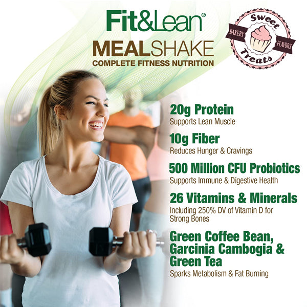 Lean & Fit Complete Meal Replacement Shake in Strawberry Shortcake flavor, highlighting its creamy texture and vibrant color.