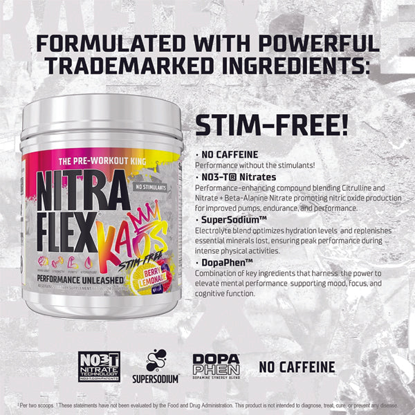 Pre-workout supplement bottle showing Nitraflex Kaos label with energy-boosting ingredients