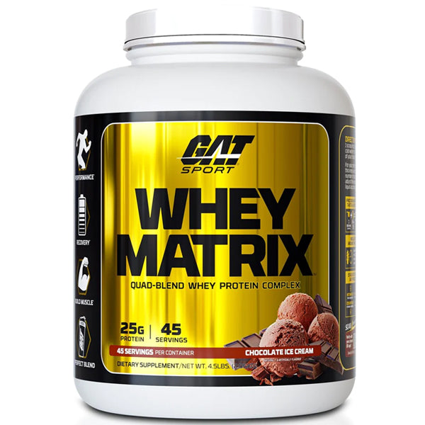 GAT Sport Whey Matrix protein blend in a clear container, showcasing its creamy texture for muscle growth.