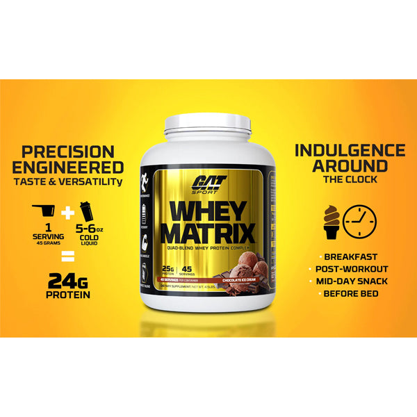 GAT Sport Whey Matrix protein shake in a shaker bottle, perfect for post-workout recovery.