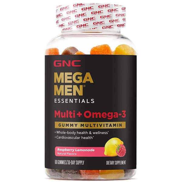 Men's Health Essentials Omega-3 Gummies bottle with raspberry lemonade flavor, highlighting premium ingredients.