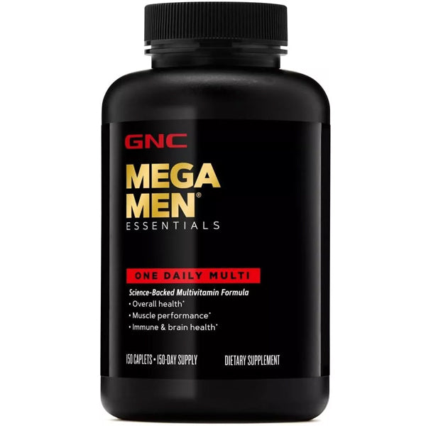 Close-up of GNC Mega Men daily multivitamin caplets with label highlighting energy support
