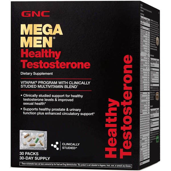 GNC Mega Men Testosterone Support Multivitamin package showing vibrant health benefits.