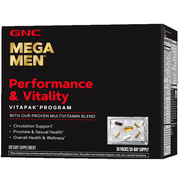 Close-up of GNC Mega Men Vitapacks showing the supplement packaging for men's health
