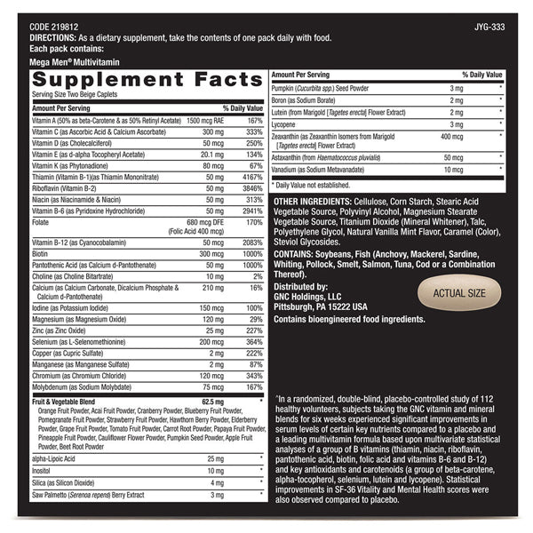 Close-up of GNC Mega Men Vitapacks showing the supplement packaging for mens health