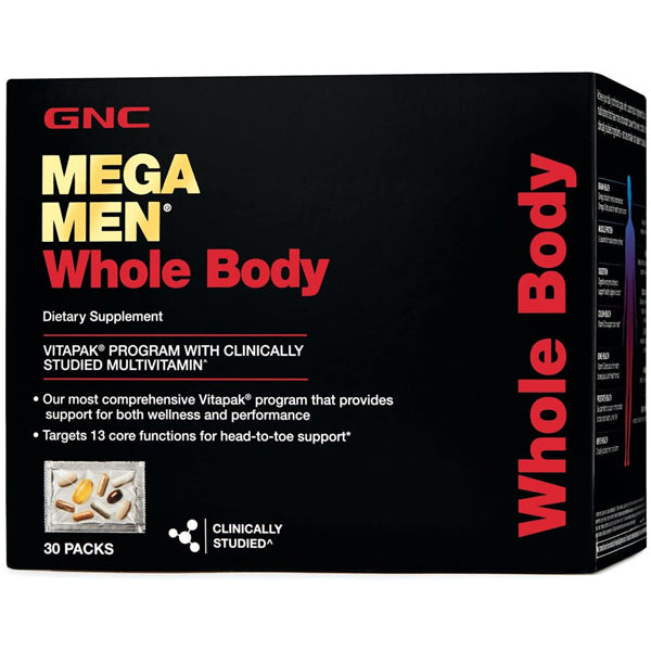 GNC Mega Men Vitapak bottles highlighting men's health benefits