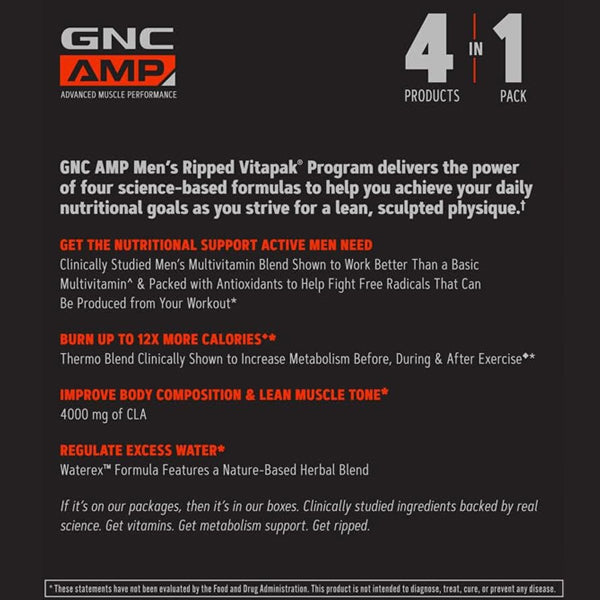 GNC AMP Ripped Mens Fitness Pack with supplements displayed for muscle support.