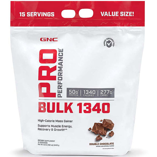 GNC Pro Performance Bulk 1340 Mass Gainer in a gym setting, showcasing its high-calorie formula for muscle growth.