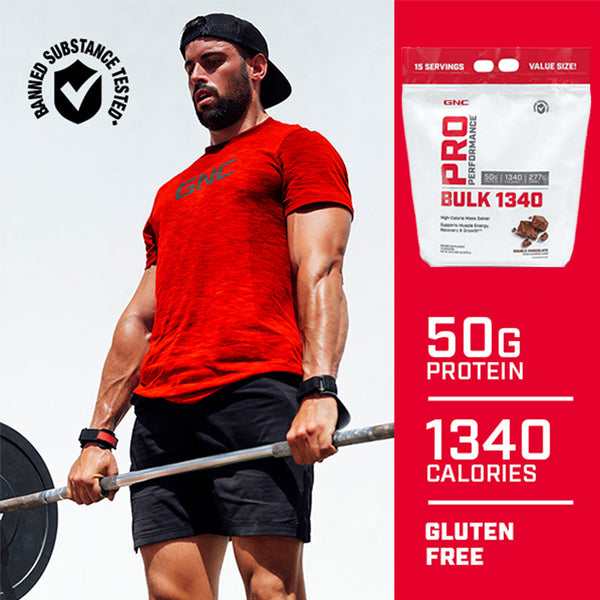 Close-up of GNC Pro Performance Bulk 1340 Mass Gainer powder, highlighting its rich texture and protein content.