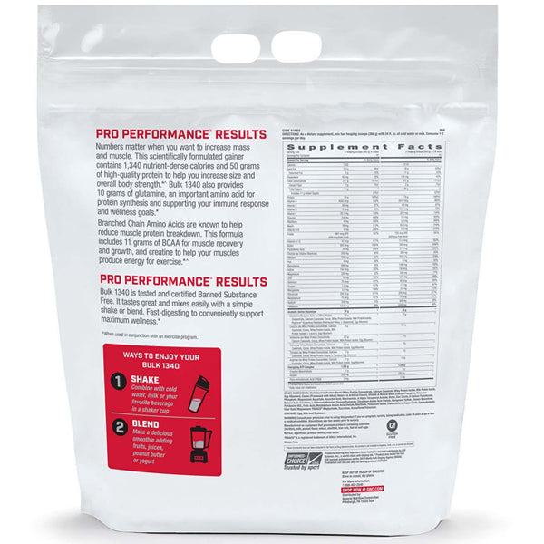 Close-up of GNC Pro Performance Bulk 1340 Mass Gainer powder, highlighting its rich texture and protein content.