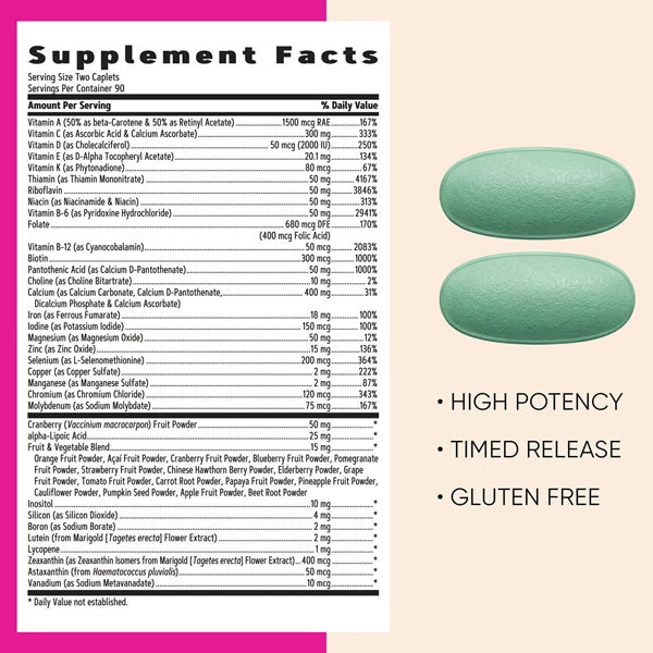 Close-up of VitaBoost Womens Ultra Mega Multivitamin caplets, highlighting their shape and size.