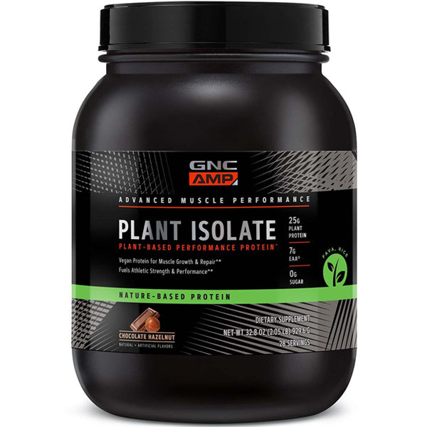 GNC AMP plant protein isolate scoop with label highlighting vegan performance formula