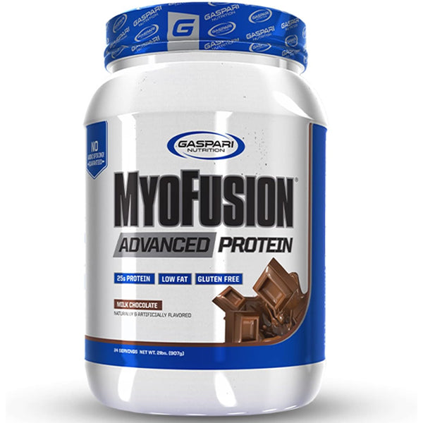 Gaspari MyoFusion Advanced Protein powder container with label highlighting whey and casein blend