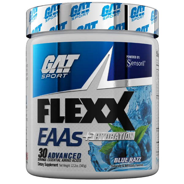 FLEXX EAAs supplement bottle showcasing its delicious flavors for hydration and muscle recovery.