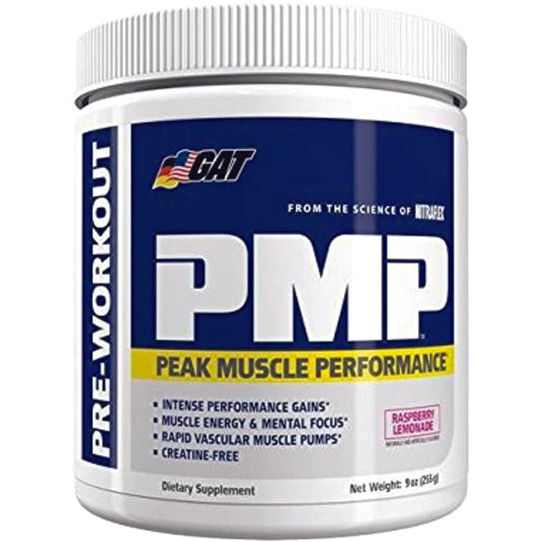 Close-up of GAT Sport PMP Stim-Free bottle highlighting stimulant-free formula for energy.