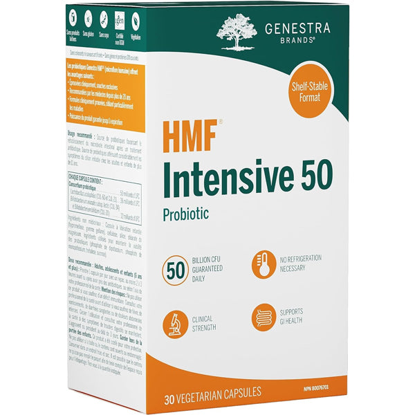 HMF Intensive 50 Probiotic Capsules displayed with a natural background emphasizing gut health.