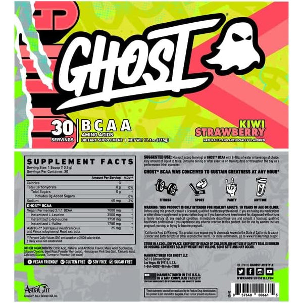 Container of Ghost BCAA with label highlighting performance benefits