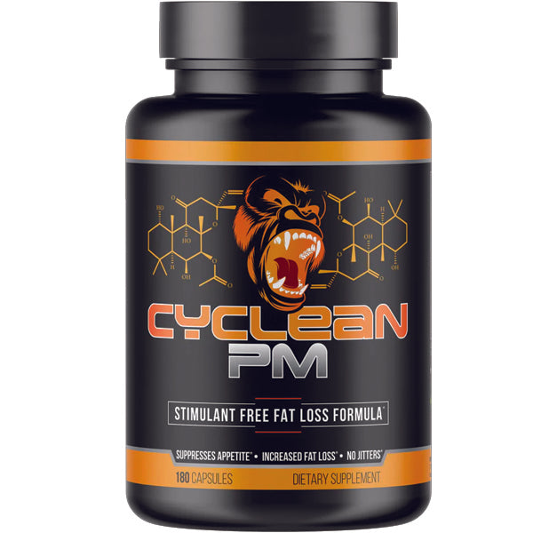 Gorilla Mind Cyclean PM Fat Burner Capsules on a wooden table, showcasing the bottle and capsules