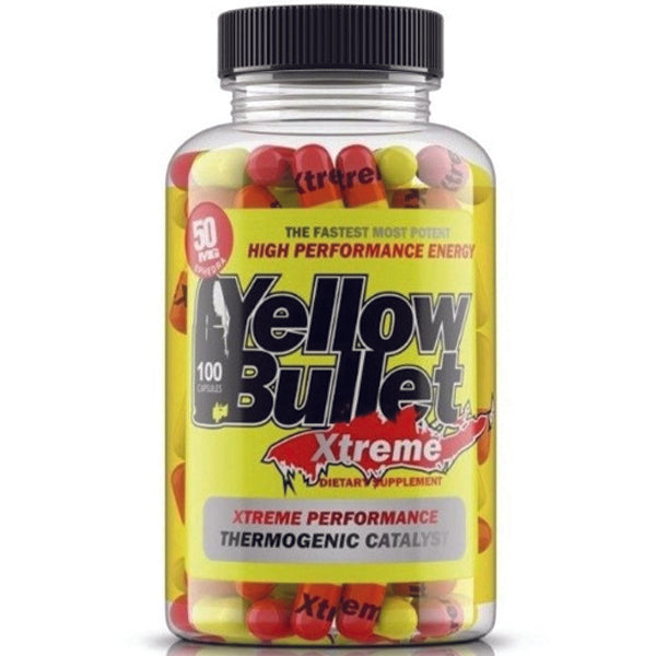 Close-up of Hardrock Yellow Bullet Xtreme fat burner capsules showing their vibrant yellow color