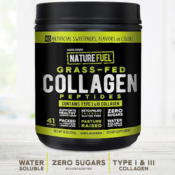 Close-up of unflavored collagen peptides ready to be added to a smoothie.
