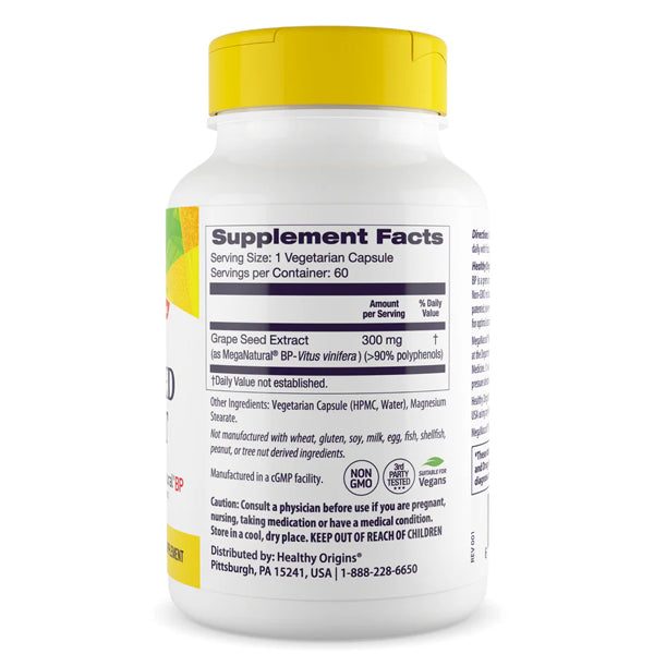 Close-up of Healthy Origins grape seed extract capsules for circulation support