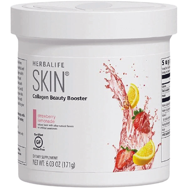 Herbalife Radiant Skin Collagen Booster Strawberry Lemonade flavor, showcasing vibrant packaging and nutritional benefits.