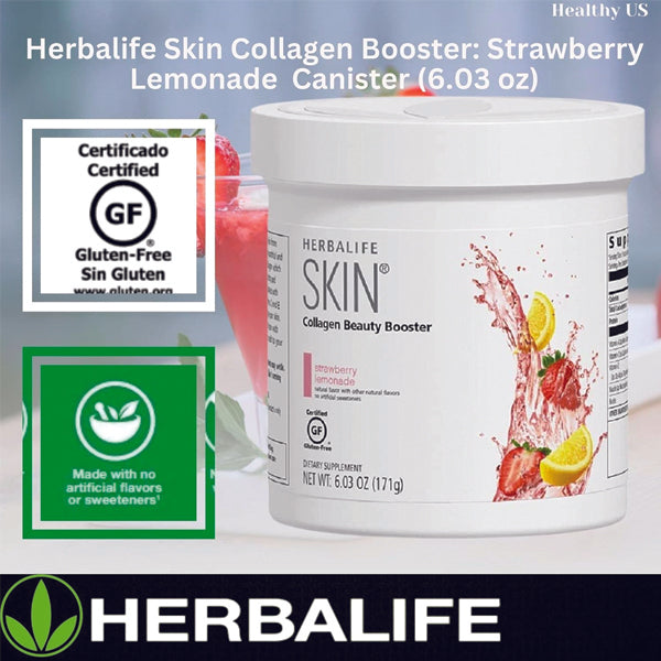 Herbalife Radiant Skin Collagen Booster Strawberry Lemonade flavor, showcasing vibrant packaging and nutritional benefits.