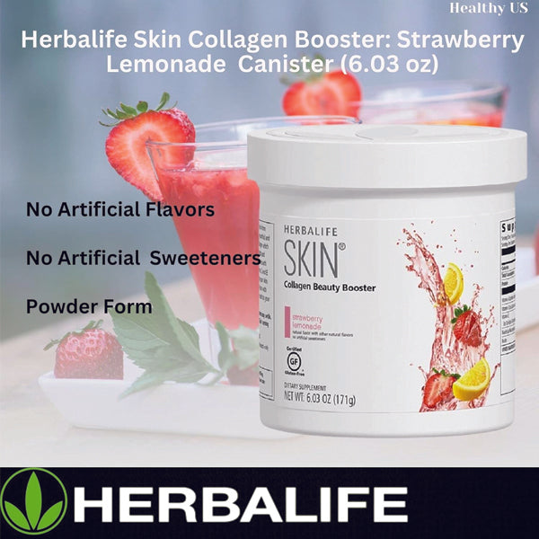 Close-up of the Herbalife Radiant Skin Collagen Booster powder, emphasizing its anti-aging properties and essential nutrients.