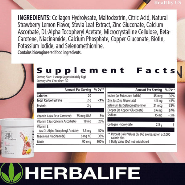 Close-up of the Herbalife Radiant Skin Collagen Booster powder, emphasizing its anti-aging properties and essential nutrients.