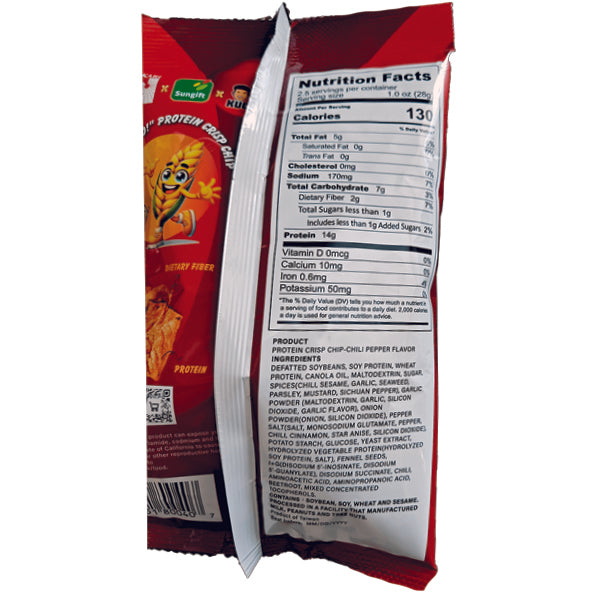 Close-up of Takari Hi Pro Protein Crisp Chips showing crispy texture and packaging.