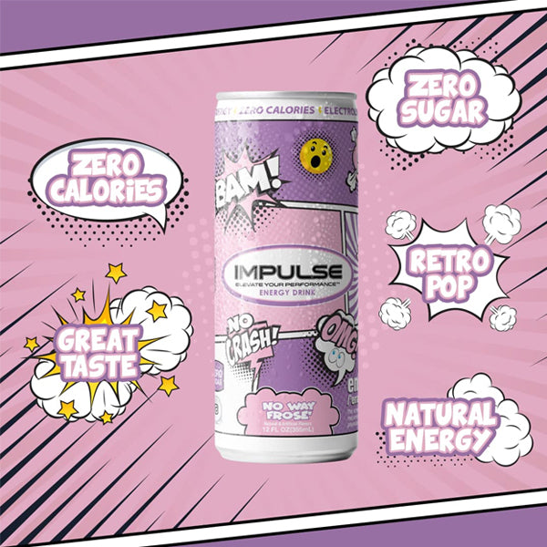 Close-up of Impulse Performance Energy Drink with a backdrop of gym equipment, symbolizing fitness and hydration.