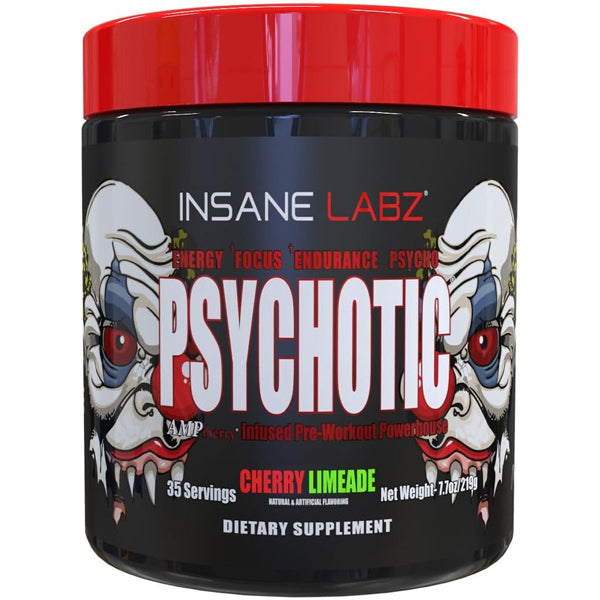 Close-up of Insane Labz Psychotic Pre-Workout showcasing the vibrant packaging for energy and focus enhancement.
