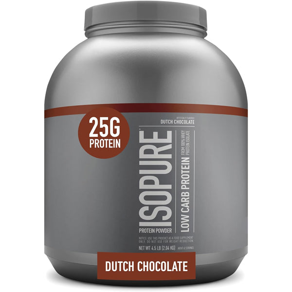 Front view of Isopure Premium Whey Isolate Protein 4.5lbs in a kitchen setting, showcasing its low carb formula.