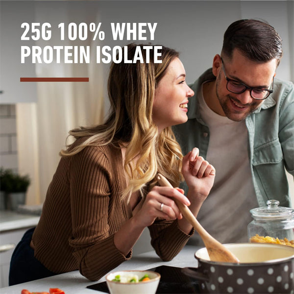 Front view of Isopure Premium Whey Isolate Protein 4.5lbs in a kitchen setting, showcasing its low carb formula.