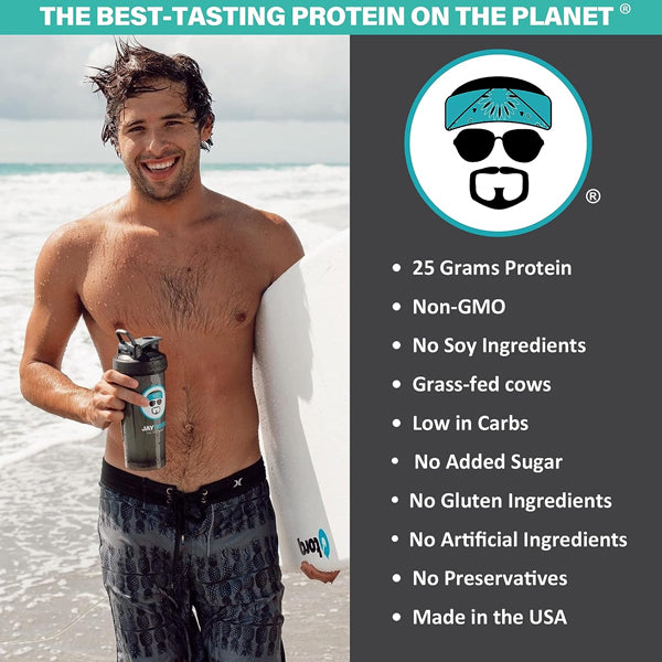 Jay Robb Grass-Fed Whey Protein Isolate being mixed in a blender with fruits.