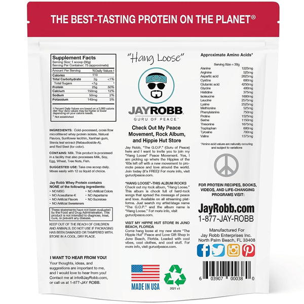 Jay Robb Grass-Fed Whey Protein Isolate being mixed in a blender with fruits.